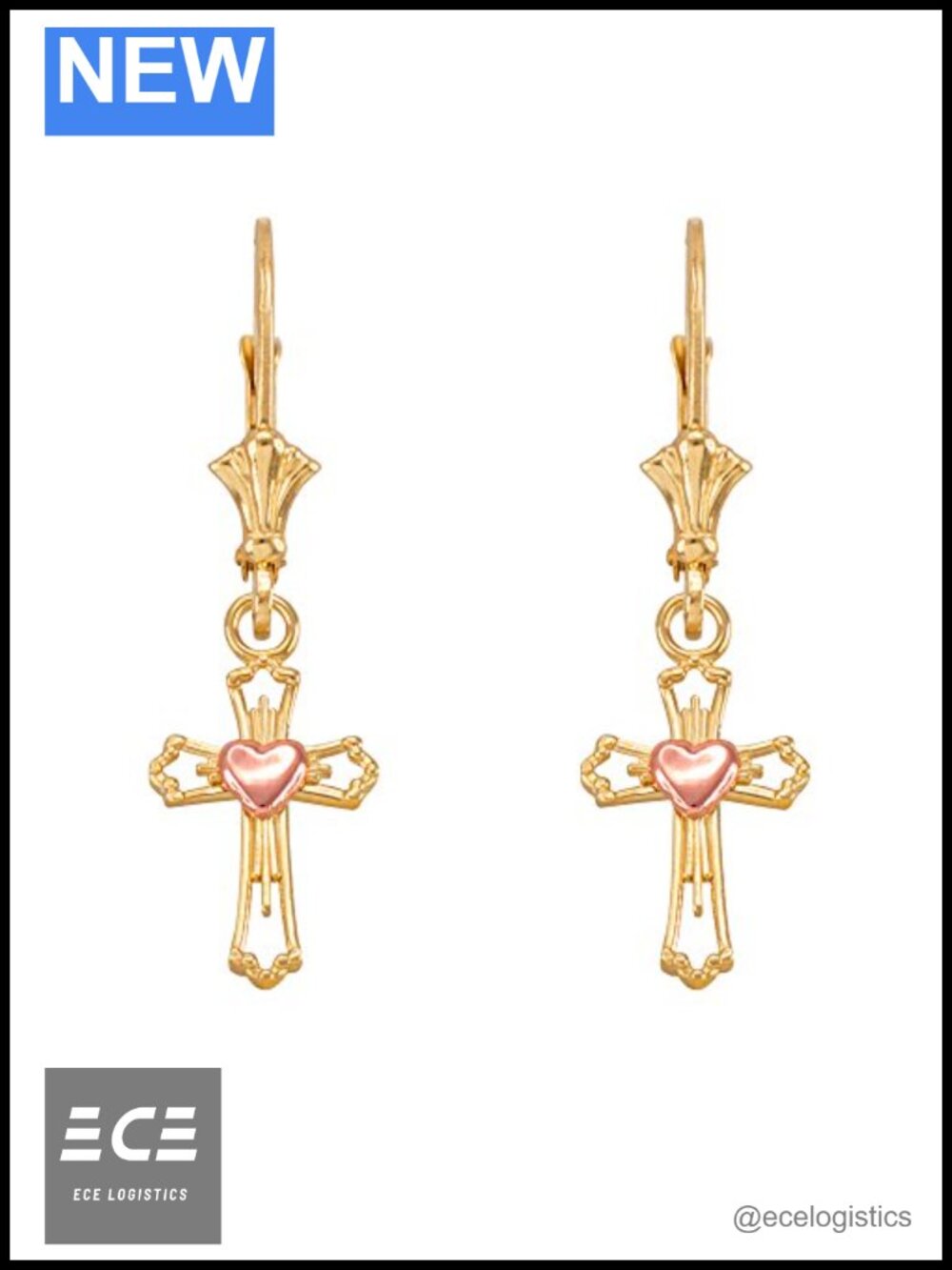 14k Two-Tone Gold Heart Cross Dangle Earrings Lever Back Drop